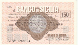 MINIASSEGNO BANCO DI SICILIA 150 L. UNIONE SINDACATI AN (A345---FDS - [10] Assegni E Miniassegni