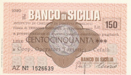 MINIASSEGNO BANCO DI SICILIA 150 L. COOP OPER TURIS CEFALU' (A336---FDS - [10] Chèques