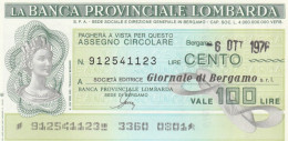 MINIASSEGNO BANCA PROV LOMBARDA 100 L. GIORNALE BG (A282---FDS - [10] Cheques En Mini-cheques