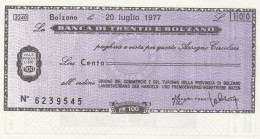 MINIASSEGNO BANCA TRENTO BOLZANO 100 L. UN COMM TURISMO BZ (A72---FDS - [10] Checks And Mini-checks