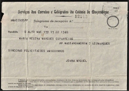 Telegram/ Telegrama De Recepção - Colónia De Moçambique > Lourenço Marques -|- Postmark - Lourenço Marques. 1947 - Cartas & Documentos