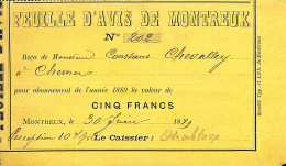 Facture  Abonnement Feuille D'avis De Montreux 1889 - Suiza