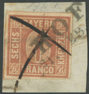 BAYERN 4I BrfStk, 1849, 6 Kr. Braunorange, Type I, L 2 HOF Und Federkreuz Auf Briefstück (zur Kontrolle Gelöst Und Mit F - Usati