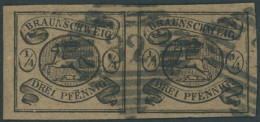 BRAUNSCHWEIG 4 Paar O, 1856, 1/4 Ggr. Schwarz Auf Hellbraun Im Waagerechten Paar, Nummernstempel 32 (LUTTER), Linke Mark - Braunschweig