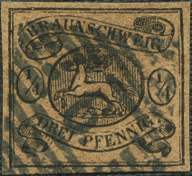 BRAUNSCHWEIG 4 O, 1856, 1/4 Ggr. Schwarz Auf Gelbbraun, Mit Blauschwarzem Nummernstempel 6 (Boerssum), Kabinett, Kurzbef - Brunswick