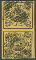 BRAUNSCHWEIG 6b Paar O, 1853, 1 Sgr. Schwarz Auf Braungelb Im Senkrechten Paar, Helle Stellen Sonst Breitrandig Pracht,  - Braunschweig