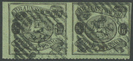 BRAUNSCHWEIG 10B Paar O, 1864, 1/2 Gr. Schwarz Auf Lebhaftgraugrün Im Waagerechten Paar, Bogenförmig Durchstochen 16, Nu - Brunswick