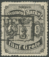 BREMEN 7A O, 1862, 5 Gr. Schwarz Auf Mattgraubraun, Durchstich D 1I, Type II, Feinst, Kurzbefund Neumann, Mi. 300.- - Bremen