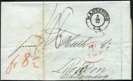 HAMBURG 1842, T 7 OCT, Rote Sonderform Auf Brief Von Magdeburg (K2) Via Hamburg Nach London, Rückseitiger Durchgangsstem - Prephilately