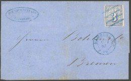 HAMBURG 15c BRIEF, 1867, 3 S. Ultramarinblau Auf Brief Nach Bremen, Waagerechte Bugspur Sonst Prachtbrief, Fotoattest La - Hamburg