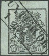 HANNOVER 1 O, 1850, 1 Ggr. Schwarz Auf Graublau, Obere Linke Bogenecke, Diagonaler R2 BUXTEHUDE, Kabinett - Hanovre