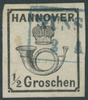 HANNOVER 17y O, 1860, 1/2 Gr. Schwarz, Blauer R2 WUNSTORF, Pracht, Fotobefund Berger, Mi. 250.- - Hannover