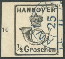 HANNOVER 17yII O, 1860, 1/2 Gr. Schwarz Mit Plattenfehler O In Groschen Gebrochen, Linkes Randstück Mit Reihenzähler 10, - Hannover