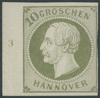 HANNOVER 18 , 1861, 10 Gr. Dunkelgrünlicholiv, Linkes Randstück Mit Nummer 3, Rechts Teils Minimal Tangiert Sonst Pracht - Hanovre