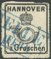 HANNOVER 22y O, 1864, 1/2 Gr. Schwarz, Blauer R2 MELLE, üblicher Durchstich, Pracht, Gepr. Pfenninger, Mi. 350.- - Hanover