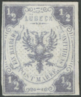 LÜBECK 1 , 1859, 1/2 S. Dunkelviolettgrau, Ohne Gummi, Repariert Wie Pracht, Gepr. Brettl, Mi. 700.- - Luebeck