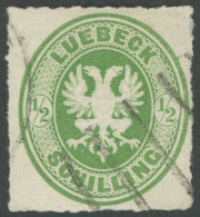 LÜBECK 8 O, 1863, 1/2 S. Dunkelgelblichgrün, Strichstempel!, Pracht, Signiert - Luebeck