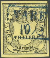 OLDENBURG 4b O, 1852, 1/10 Th. Schwarz Auf Zitrongelb, Blauer R2 VAREL, Pracht, Gepr. Pfenninger, Mi. 150.- - Oldenburg