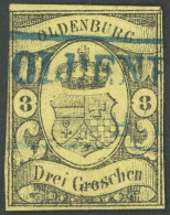 OLDENBURG 8 O, 1859, 3 Gr. Schwarz Auf Graugelb, Blauer R2, Links Oben Leicht Berührt Sonst Pracht, Kurzbefund Berger, M - Oldenbourg