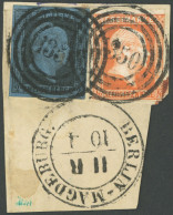 PREUSSEN 1,3 BrfStk, 1850, 1/2 Sgr. Rotorange (rechts Leicht Angeschnitten) Mit Breitrandiger 2 Sgr. Schwarz Auf Blau Au - Altri & Non Classificati