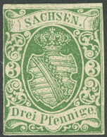 SACHSEN 2IIa O, 1851, 3 Pf. Saftiggrün, Späte Auflage, Falzrest, Links Berührt Sonst Vollrandiges Prachtstück, Signiert  - Sachsen