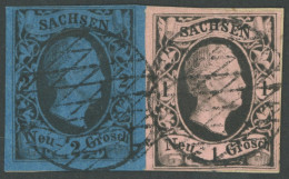 SACHSEN 4IIa,7 BrfStk, 1851, 1 Ngr. Schwarz Auf Mattkarminrot, Type II Und 2 Ngr. Schwarz Auf Mittelblau, Voll-breitrand - Sachsen