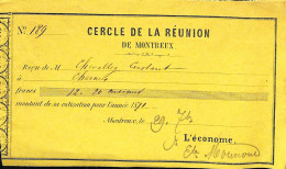 Carte De Membre Du Cercle De La Réunion De Montreux 1871 Chevalley Chernex - Zwitserland