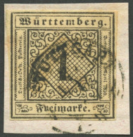 WÜRTTEMBERG 1yb BrfStk, 1851, 1 Kr. Schwarz Auf Mittelgraugelbem Seidenpapier, Prachtbriefstück, Gepr. U.a. Thoma Und Ku - Altri & Non Classificati