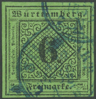 WÜRTTEMBERG 3aIIb O, 1851, 6 Kr. Schwarz A. Gelblichgrün, Type IIb, Pracht, Kurzbefund Klinkhammer, Mi. 230.- - Sonstige & Ohne Zuordnung