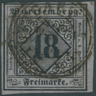 WÜRTTEMBERG 5I O, 1851, 18 Kr. Schwarz Auf Bläulichviolett, Type I, Schwarzer K3, Oben Links Etwas Knapp Sonst Voll-brei - Autres & Non Classés