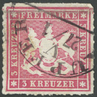 WÜRTTEMBERG 31a O, 1865, 3 Kr. Rosa, Segmentstempel KUPFER, Leichte Bugspur Sonst Pracht - Andere & Zonder Classificatie