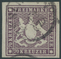 WÜRTTEMBERG 42a O, 1873, 70 Kr. Braunlila, Voll-breitrandig, Rechts Eine Natürliche Papierknitterung, Farbfrisches Prach - Otros & Sin Clasificación