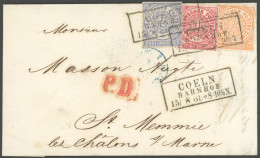 NDP 3-5 BRIEF, 1868, Dreifarbenfrankatur Mit R3 COELN BAHNHOF Auf Brief Nach Frankreich, 1/2 Gr. Fehlende Ecke Sonst Dek - Storia Postale