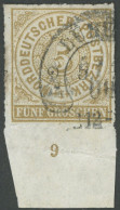 NDP 6 O, 1868, 5 Gr. Olivbraun Mit Breitem Unterrand Und Reihenzähler 9, Hufeisenstempel LÜBECK, Pracht - Other & Unclassified