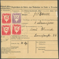 KIEL C 2,4 BRIEF, PAKETFAHRT: 1910, 10 Pf. Karminrot, 3-mal Und 50 Pf. Violett Auf Begleitschein Für Pakete Ohne Nachnah - Postes Privées & Locales