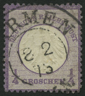 Dt. Reich 1 O, 1872, 1/4 Gr. Grauviolett, K2 BARMEN, Pracht, Gepr. Brugger, Mi. 120.- - Gebruikt