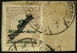 DIENSTMARKEN D 84 BrfStk, 1923, 2 Mrd. M. Mattsiena/schwarzgrün Auf Briefstück, Feinst, Gepr. Peschl, Mi. 150.- - Dienstmarken