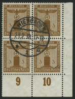 DIENSTMARKEN D 145 VB O, 1938, 3 Pf. Dunkelbraunocker, Mit Wz., Im Viererblock Aus Der Rechten Unteren Bogenecke, Pracht - Oficial