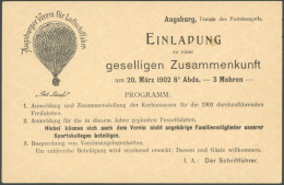 ALTE ANSICHTSKARTEN 1902, Augsburger Verein Für Luftschifffahrt, Einladung Zur Geselligen Zusammenkunft, 2 Pf. Bayern Ga - Other & Unclassified