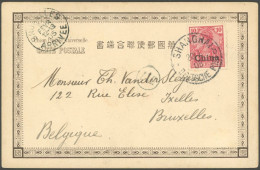 DP CHINA 17 BRIEF, 1905, 10 Pf. Reichspost Auf Ansichtskarte Mit Stempel SHANGHAI DP B Nach Belgien, Pracht - China (offices)
