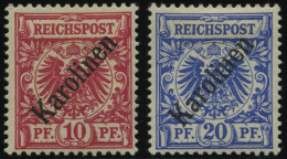 KAROLINEN 3/4I , 1899, 10 Und 20 Pf. Diagonaler Aufdruck, Falzreste, 2 Prachtwerte, Mi. 150.- - Isole Caroline