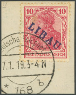 LIBAU 2A BrfStk, 1919, 10 Pf. Karminrot, Type I, Auf Briefstück, Etwas Fleckig Sonst Pracht, Gepr. Bühler, Mi. 70.- - Bezetting 1914-18
