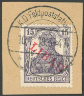 LIBAU 3Bb BrfStk, 1919, 15 Pf. Schwarzviolett, Type II, Aufdruck Rot, üblich Gezähntes Prachtbriefstück, Signiert, Mi. 1 - Besetzungen 1914-18