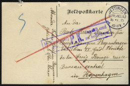 FELDPOST I.WK JETTINGEN (OBERELS.), 18.10.15 Auf Feldpostkarte Nach Kopenhagen, Blauer Zensurstempel Mülhausen (Els), P. - Besetzungen 1914-18