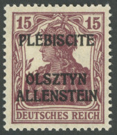 ALLENSTEIN 4aI , 1920, 15 Pf. Karminbraun, Sog. Siegermarke, Postfrisch, Pracht, Kurzbefund Gruber, Mi. 110.- - Altri & Non Classificati