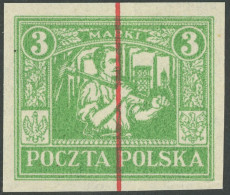 OBERSCHLESIEN 10 PU , Reguläre Ausgabe: 1922, 3 M. Dunkelgelblichgrün, Ungezähnter Probedruck Mit Rotem Annulierungsstri - Andere & Zonder Classificatie