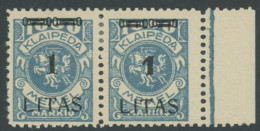 MEMELGEBIET 182W13 , 1923, 1 L. Auf 1000 M. Grünlichblau, Type VI Und IV Im Waagerechten Typenpaar Mit Rechtem Rand, Fal - Memel (Klaipeda) 1923