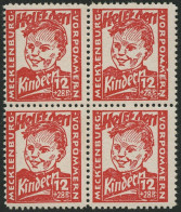 MECKLENBURG-VORPOMMERN 28b VB , 1945, 12 Pf. Dunkelrosa Kinderhilfe Im Viererblock, Pracht, Gepr. Kramp, Mi. 320.- - Autres & Non Classés