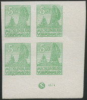 MECKLENBURG-VORPOMMERN 32xbDZ , 1946, 5 Pf. Mittelgrün, Kreidepapier, Im Eckrandviererblock Mit Druckereizeichen, Pracht - Other & Unclassified