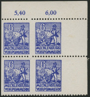MECKLENBURG-VORPOMMERN 33xbUs VB , 1946, 6 Pf. Violettblau, Kreidepapier, Senkrecht Ungezähnt, Im Eckrandviererblock, Pr - Other & Unclassified